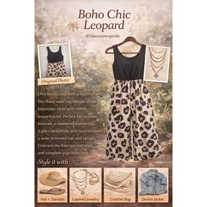 BOHO CHIC SAFARILeopard Print Wide Leg Jumpsuit Womens 2XL Black Sleeveless